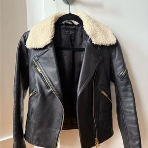 Rag & Bone Black Leather Jacket with Removable Shearling Collar, 00